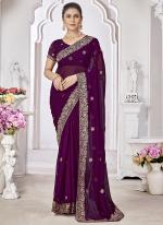 Georgette Wine Wedding Wear Embroidery Work Saree